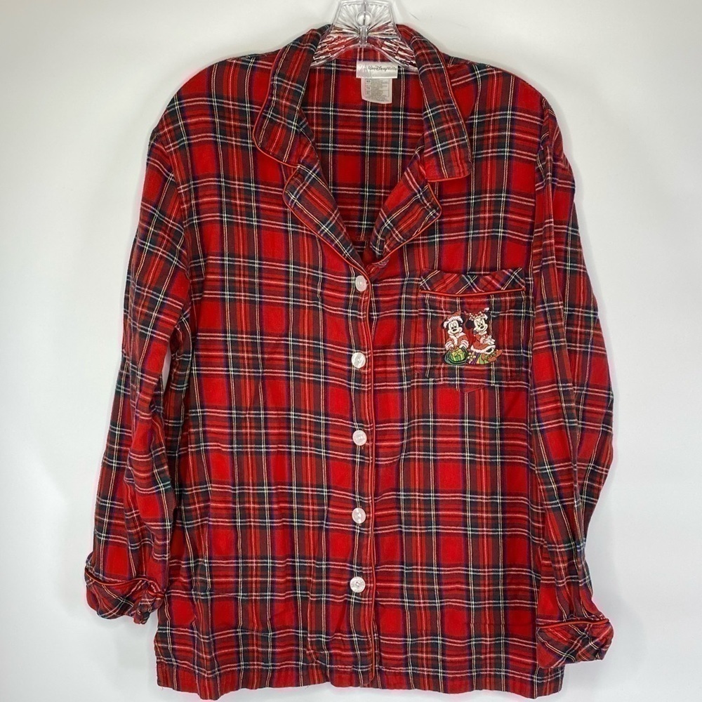 Walt Disney World Christmas Mickey and Minnie Flannel Button Up Pajama Top